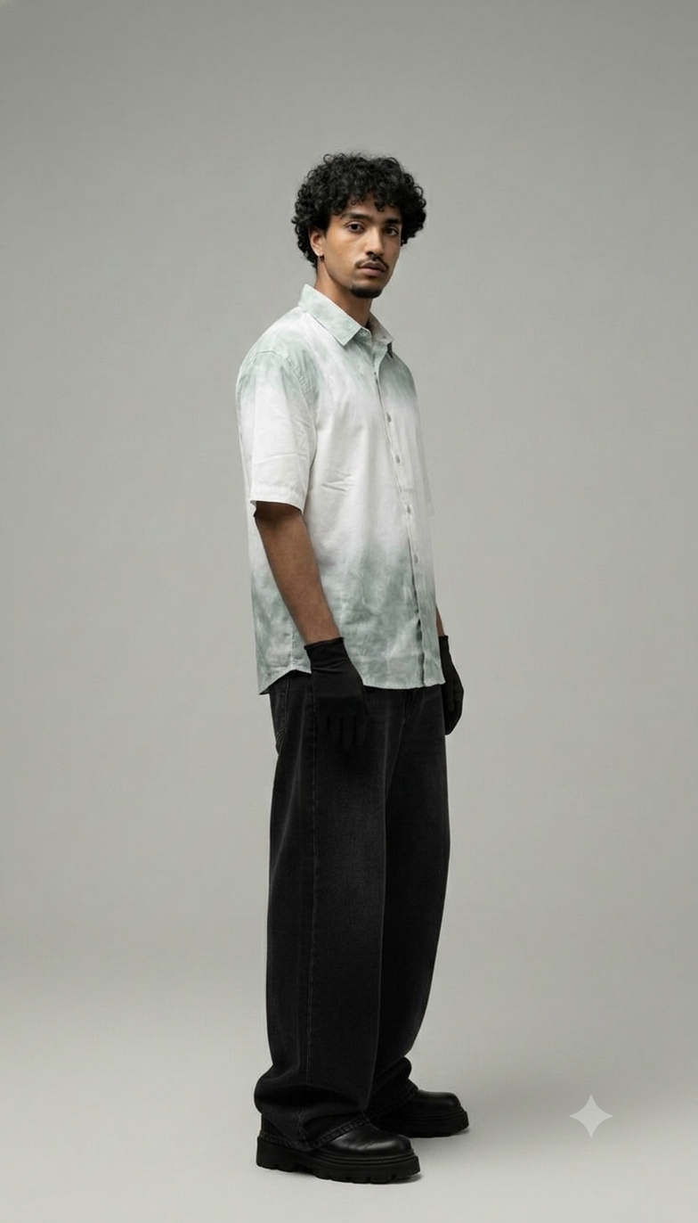 Fit Short Sleeve Top Featuring A Green Tie-Dye Pattern