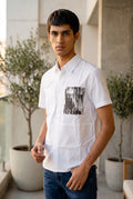 White Short-Sleeve Shirt With A Black And White Graphic Patch Pocket