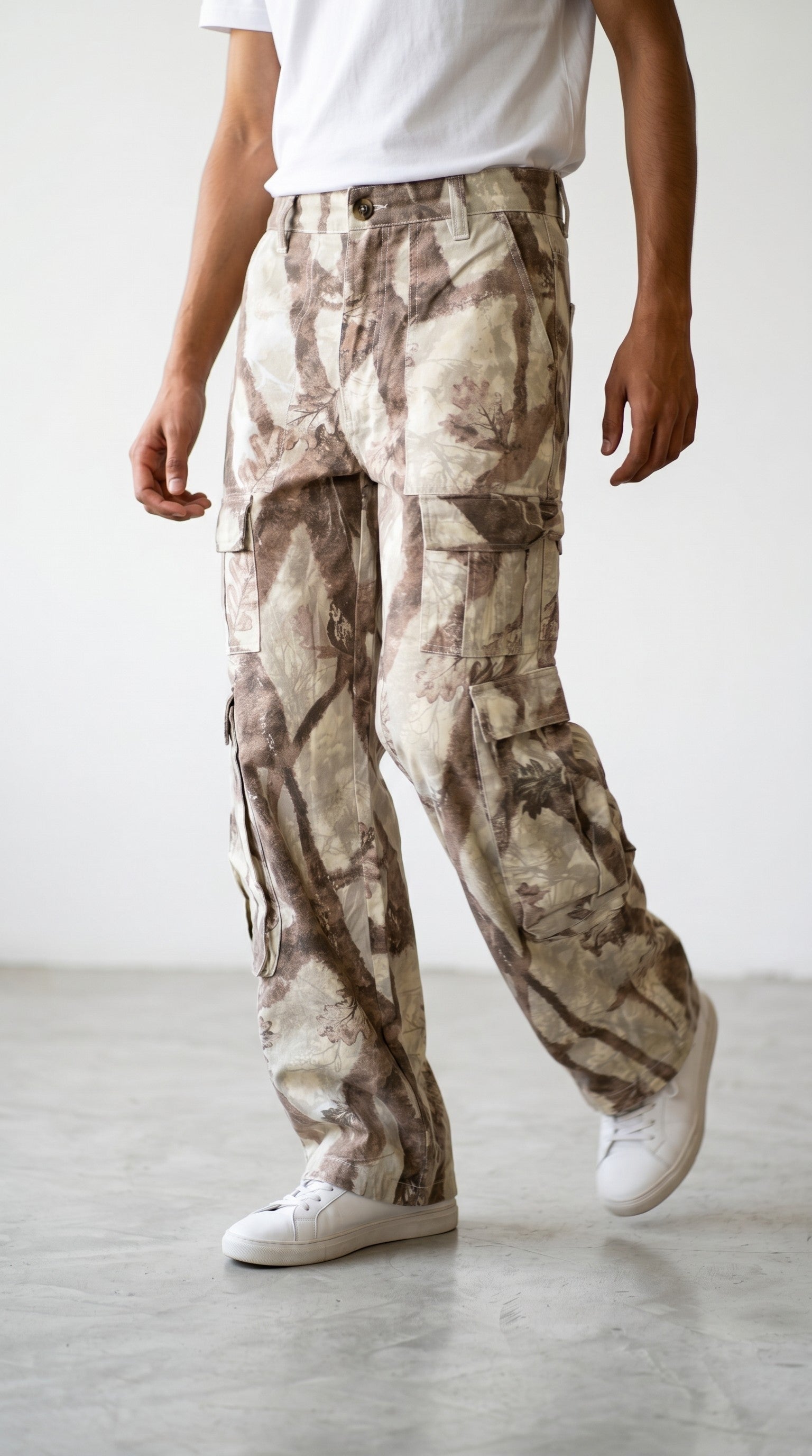 Beige Cotton Oversized Camo Cargo Pants feature a baggy fit with six spacious pockets