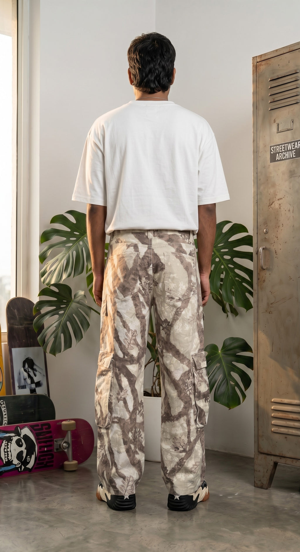 Beige Cotton Oversized Camo Cargo Pants feature a baggy fit with six spacious pockets