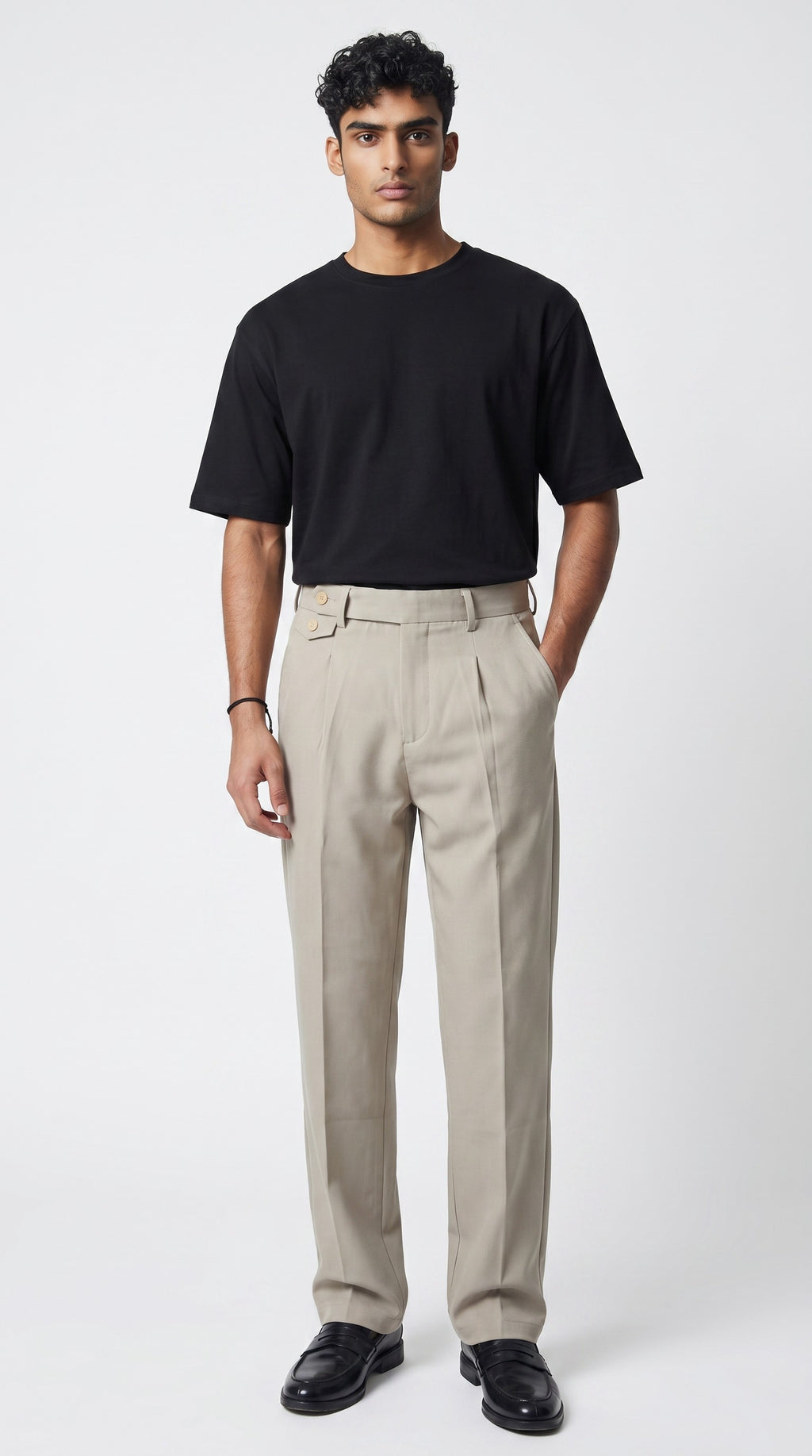 Beige pleated trousers  regular fit and buttoned waist details