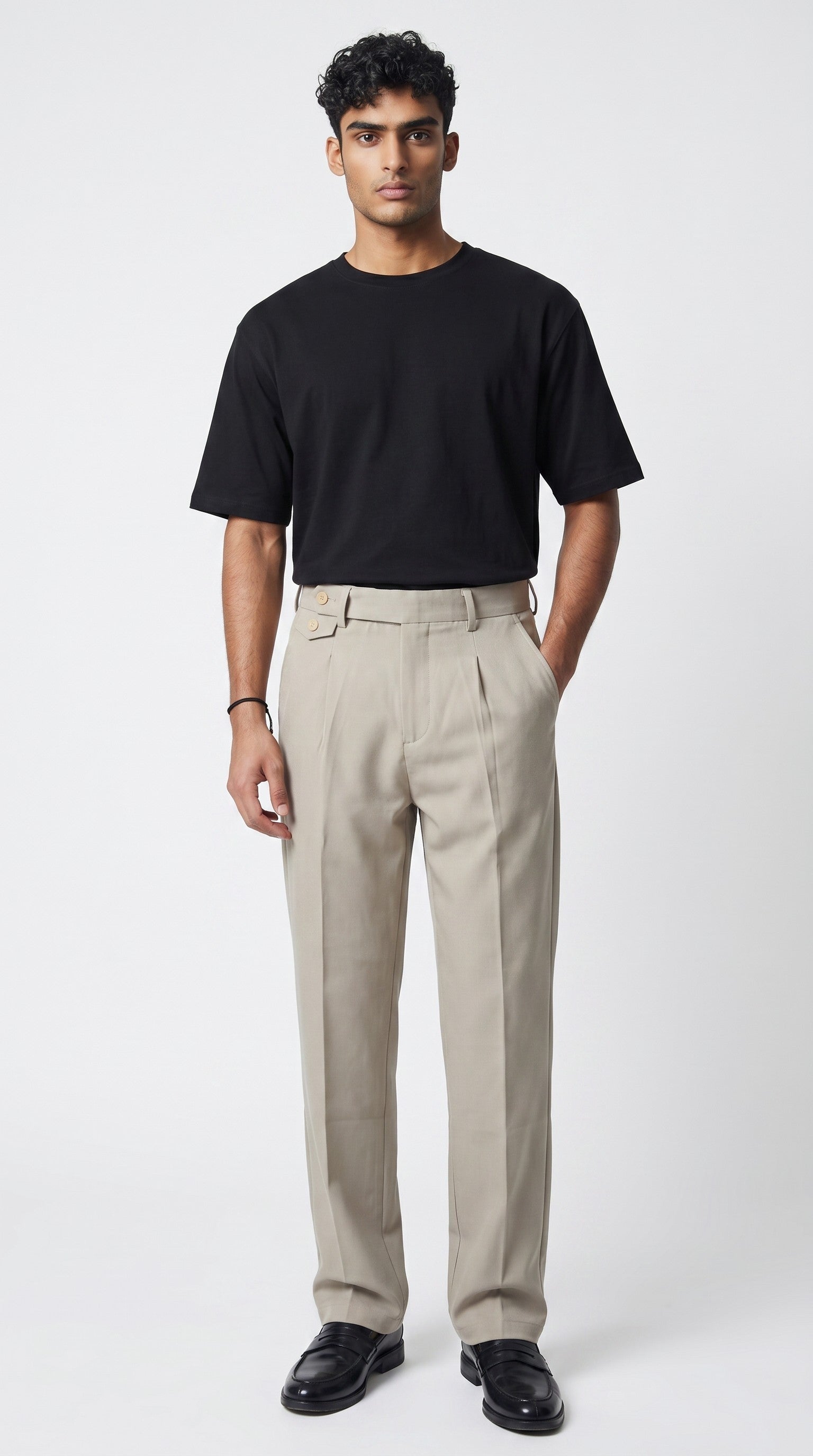 Beige pleated trousers  regular fit and buttoned waist details