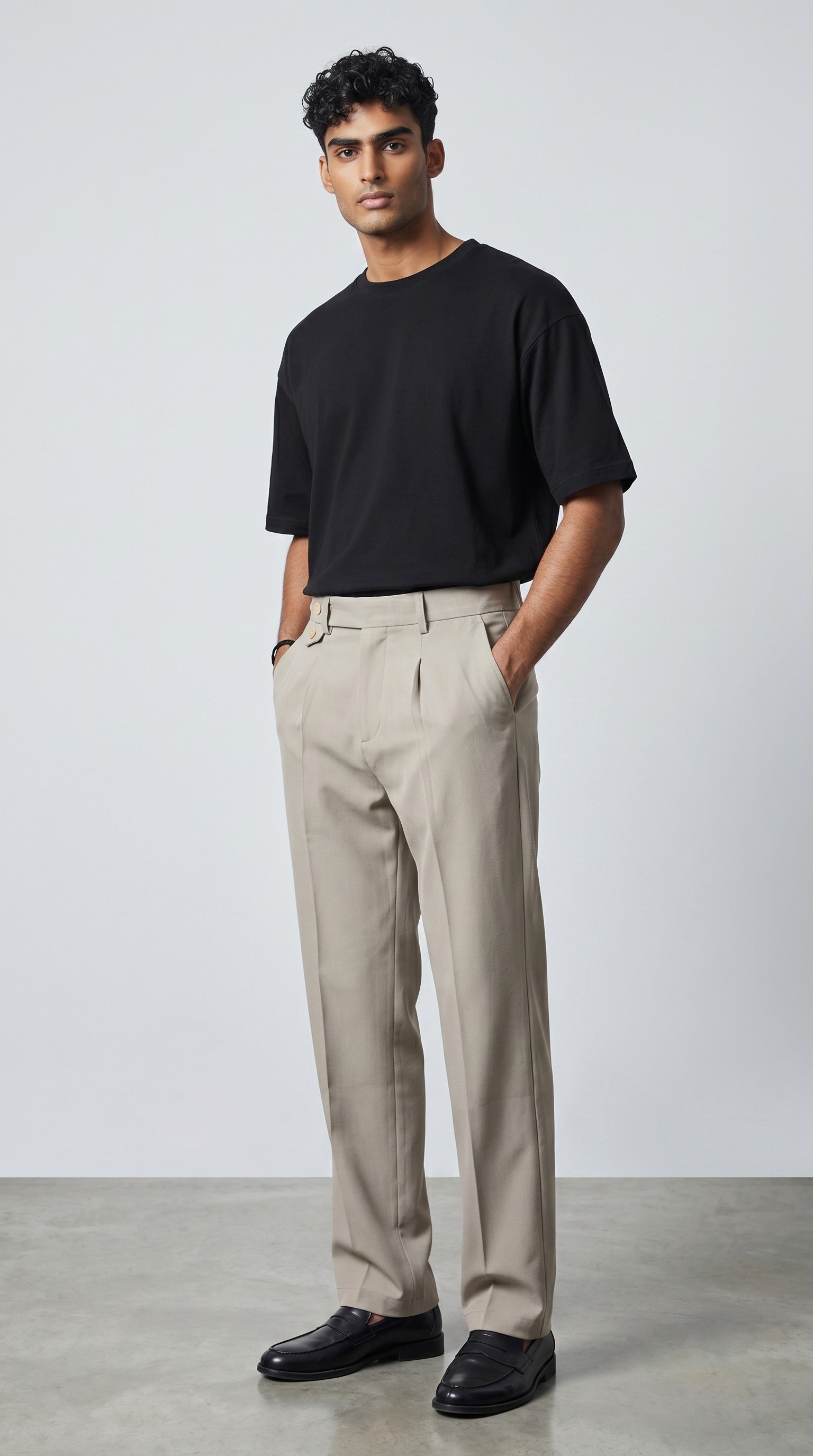 Beige pleated trousers  regular fit and buttoned waist details