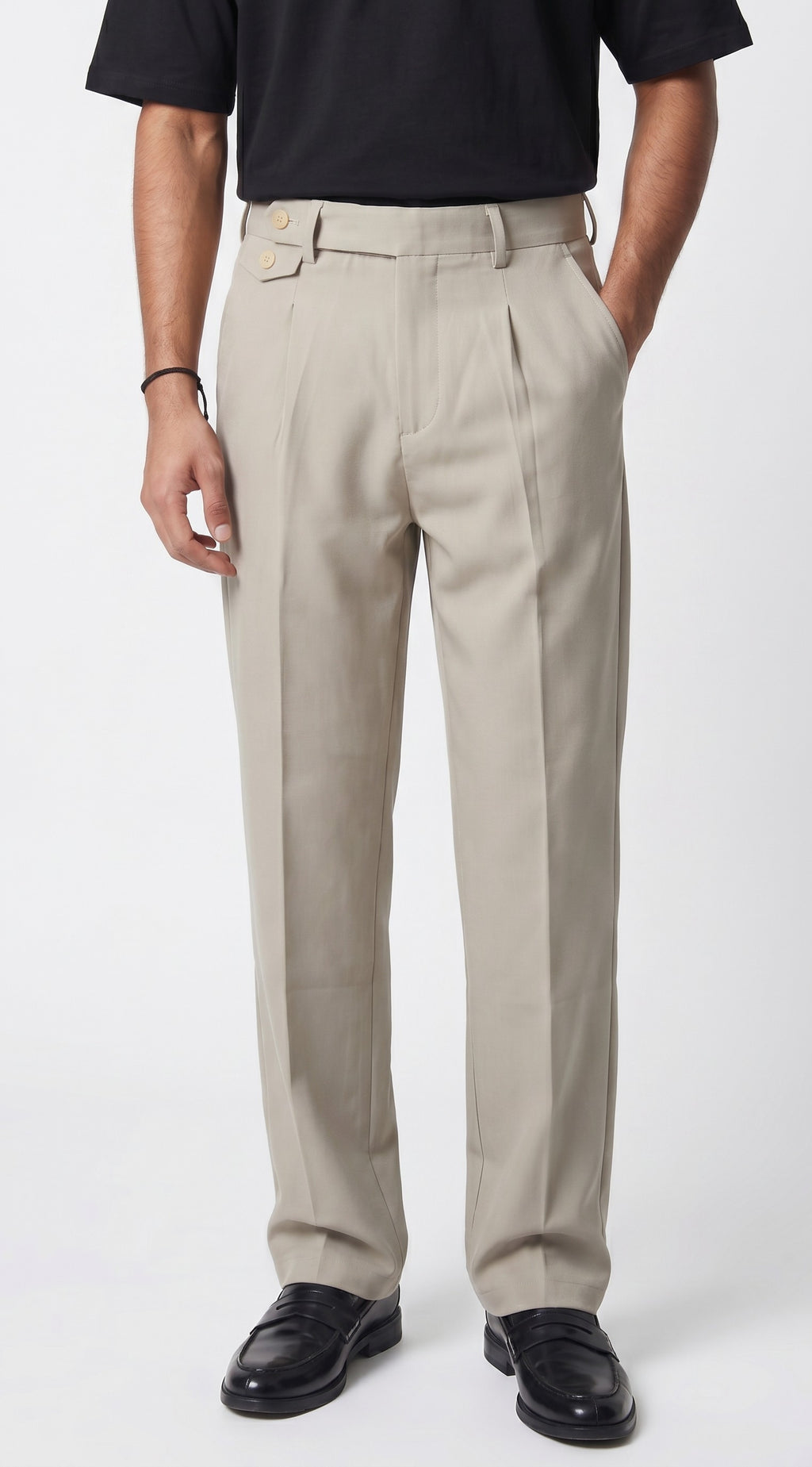 Beige pleated trousers  regular fit and buttoned waist details